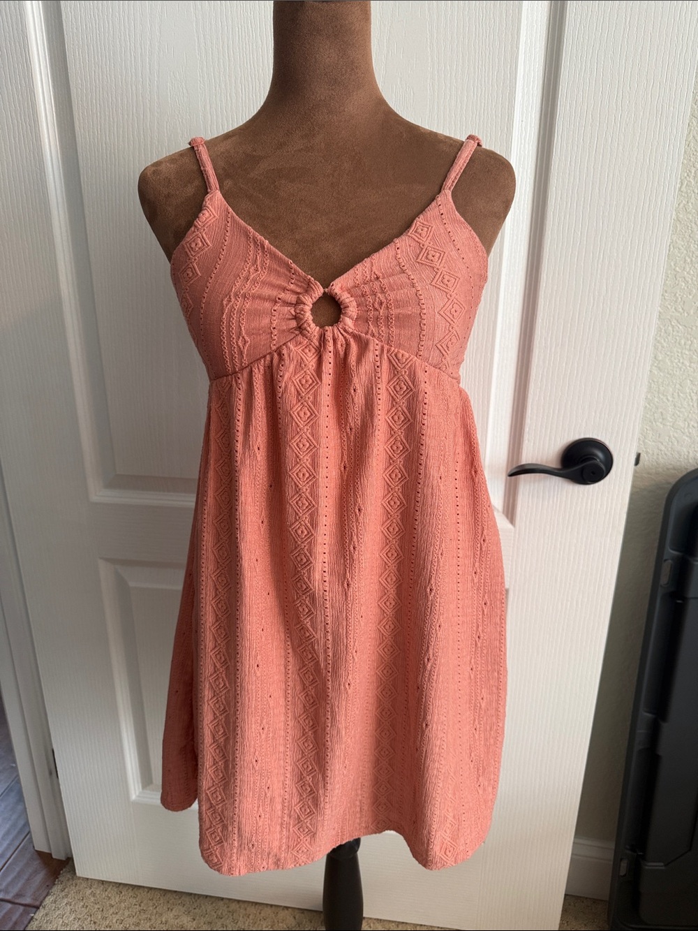 No Boundaries Coral Eyelet Ring-Detail Mini Dress